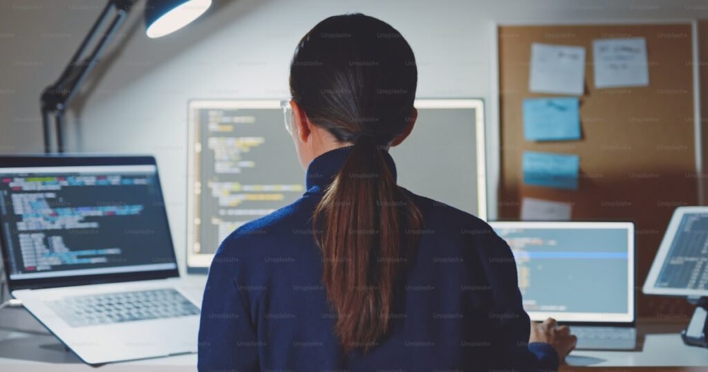 Developer coding on laptop with AI assistant